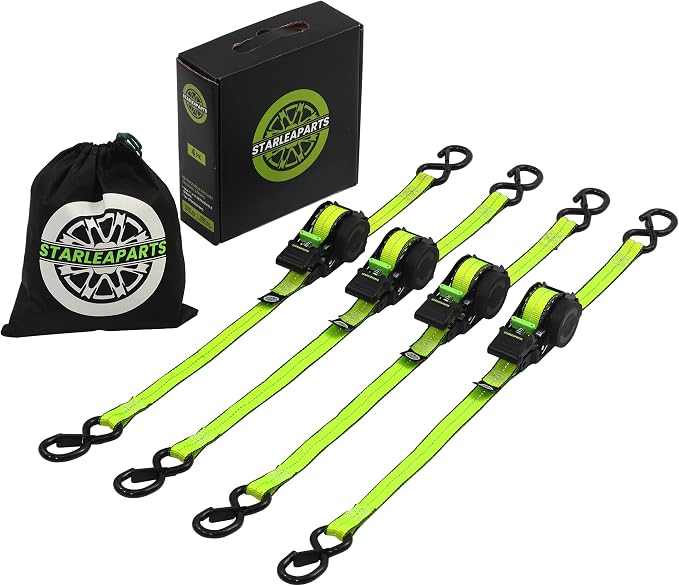 STARLEAPARTS Retractable Ratchet Straps(4PK 1.0INX12FT) - 1,500lb Break Strength, Ratchet Strap Heavy Duty with Rubber Coated Handle, Perfect Auto Ratchet Straps for Motorcycle, Kayak and Trucks