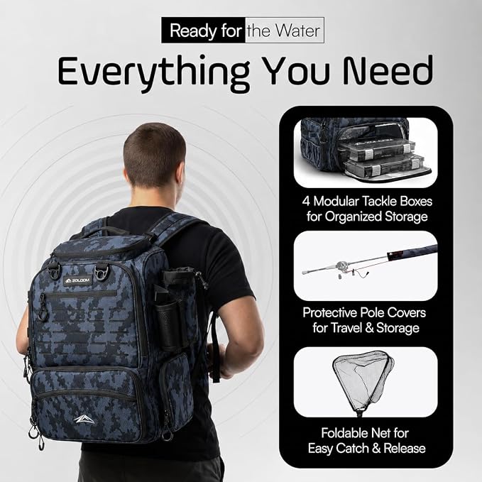 Waterproof Fishing Backpack with Tackle Boxes, Rod Holder & Foldable Net - 40L Fishing Tackle Bag with Trays Included, Extra Storage Gear and Equipment, Rain Cover, Fisherman Gift for Men