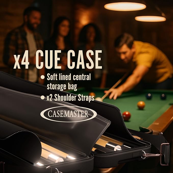 Casemaster Parallax 4x4 Billiard Cue Case, Holds 4 Butts and 4 Shafts, Foam-Padded Interior, 600D Oxford Fabric, Backpack Straps, Black