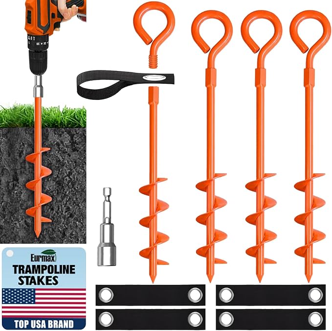 Eurmax USA 4 Pack Heavy Duty Ground Stakes&Anchors,Commercial Spiral Screw-in Trampoline Stakes with Reinforced Tie-Down Straps,High Wind Stabilizing Kit for Canopies,Outdoor Sheds,Swing Sets(Orange)