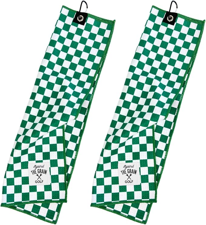 Against The Grain 2 Pack Microfiber Waffel Pattern Golf Towels with Clip – (12"x20") Green & White Checkered Design, Golf Accessories for Men, Green Golf Towel