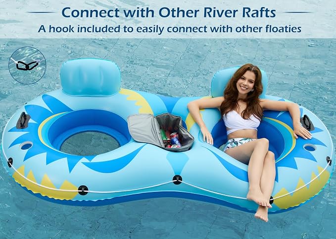 Jasonwell Inflatable River Tube Float - 2 Person Heavy Duty River Float Pool Floats with Removable Cooler Lake Water Tubes for Floating River Raft Lounge Floatie with 2 Cup Holders for Adults (SB)