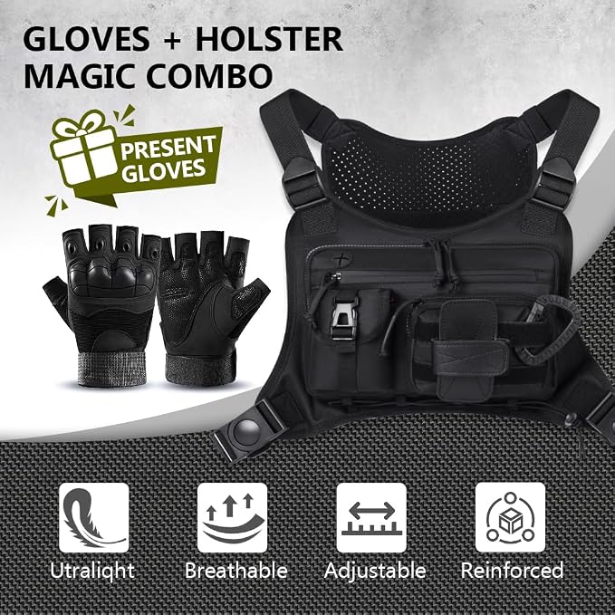 Outdoor Sports Chest pack for men with Gloves, EDC Chest bag for Travel, Lightweight Chest Rig Pouch, Tactical Running Chest Vest for Hiking, Cycling, Fitness, Motorcycle Riding, Workouts
