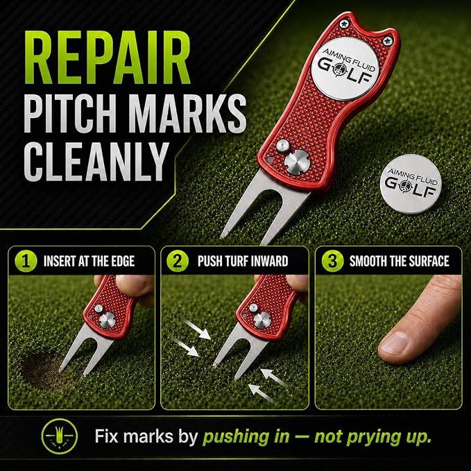 Golf Divot Repair Tool — 5-in-1 Golfing Ball Marker, Pitch Mark Repair, Putting Alignment, Club Tee, and Groove Cleaner, Accessory Metal Switchblade Design - Ideal Gift for Golfers