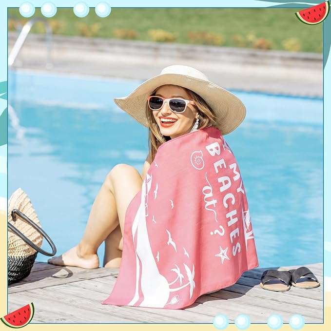 Patelai 4 Pcs Where My Beaches at Towels Girls Trip Gifts Lightweight Microfiber Oversized 35 x 70 Inches Towels Quick Dry Colorful Easy Pack for Swimming Pool Camping Women Adult Vacation
