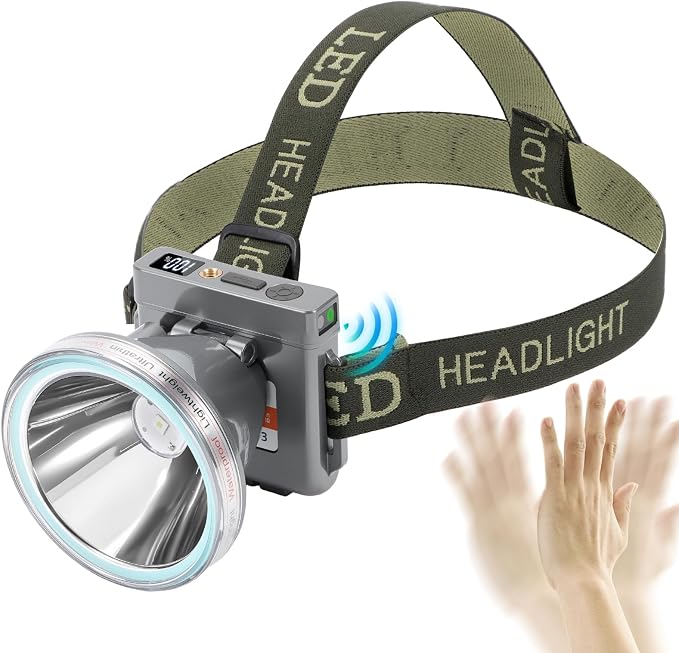 Super Lightweight Ultra-Thin Polymer Battery LED Headlamp with Motion Sensor, Battery Level Display, 5 Modes High Brightness Waterproof, Perfect for Camping, Hiking, Fishing (YK-313 White Light)