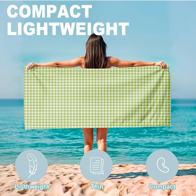 2 Pcs Microfiber Beach Towel Sand Free Quick Dry Oversized Lightweight Absorbent Sage Green and White Textured Plaid Design Bath Towels for Pool Travel 71 x 32 Inches