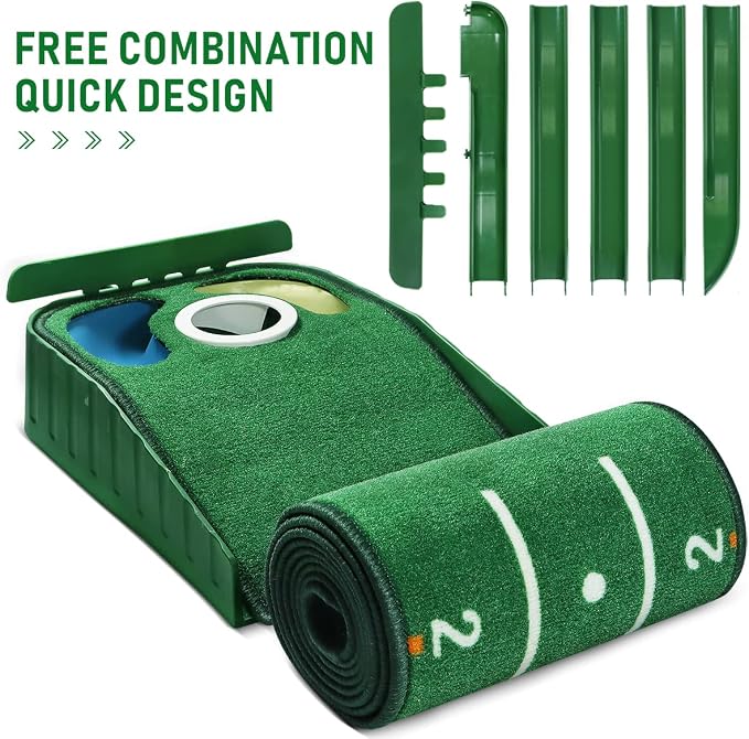Golf Putting Green, Mat for Indoors, Putting Matt with Ball Return and 3 Holes, Training and Practice Equipment at Home or Office, Gifts Accessories for Men