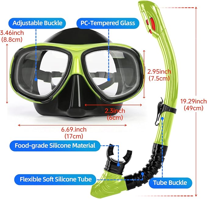 Nearsighted Snorkeling Gear for Adults Youth, Professional Full Dry Top Silicone Snorkel Set, Anti-Fog Scuba Diving Mask with Adjustable Strap