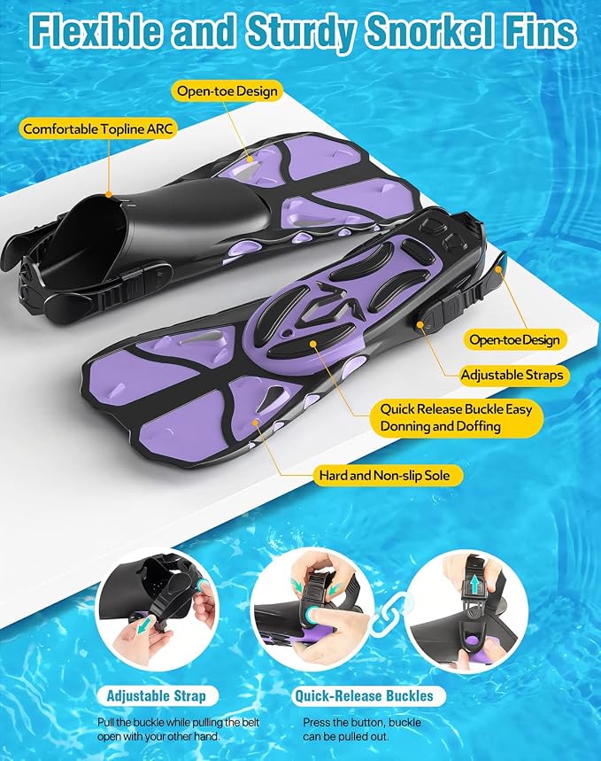 Snorkel Set with Fins for Adults, Snorkeling Gear for Adults Men and Women, Snorkle, Mask Set Adults Dry Top Snorkel Mask Combo Set with Travel Bag for Snorkeling, Diving, Swimming
