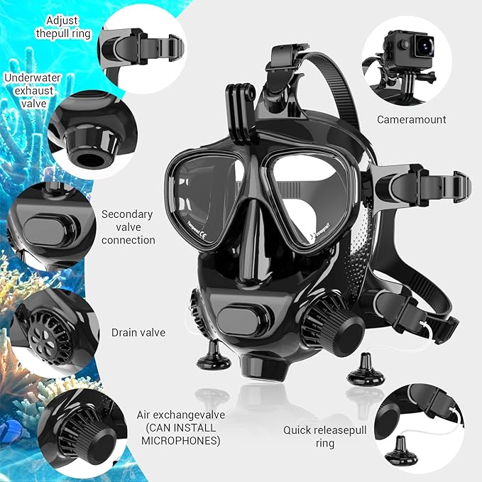 Full Face Dive Mask Support Diving & Snorkeling, Full Face Snorkel Mask Adjustable Scuba Mask with Camera Mount Provide 180° View Panoramic Compatiable with SMACO 1L/1.9L Mini Scuba Tanks
