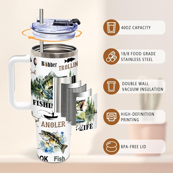 DUUV Fishing Tumbler 40oz, Insulated Fish Cup Gift for Dad Boy Man | Just a Who Loves Fishing Tumbler Leakproof, Fish Print Water Bottle, Birthday Fathers Day Ideal Gift for Fisherman, 1 Pack