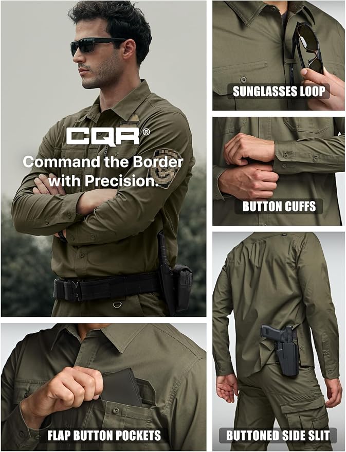 CQR Men's Long Sleeve Tactical Shirts, Ripstop Military Work Shirts, UPF 50+ Breathable Button Down Outdoor Hiking Shirt