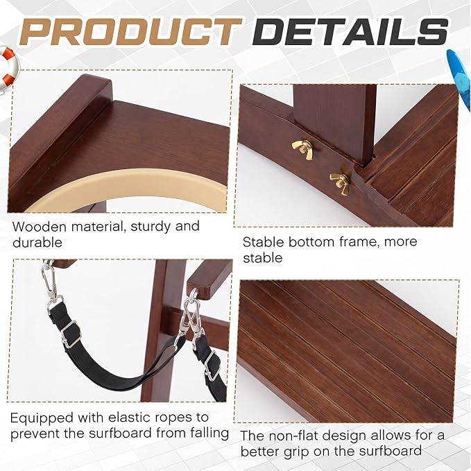 CroBlissful Surfboard Rack Freestanding Vertical Surf Board Stand for 4 Boards Bamboo Display Rack for Shortboard, Snowboard, Skateboard, Ski and Wakeboard