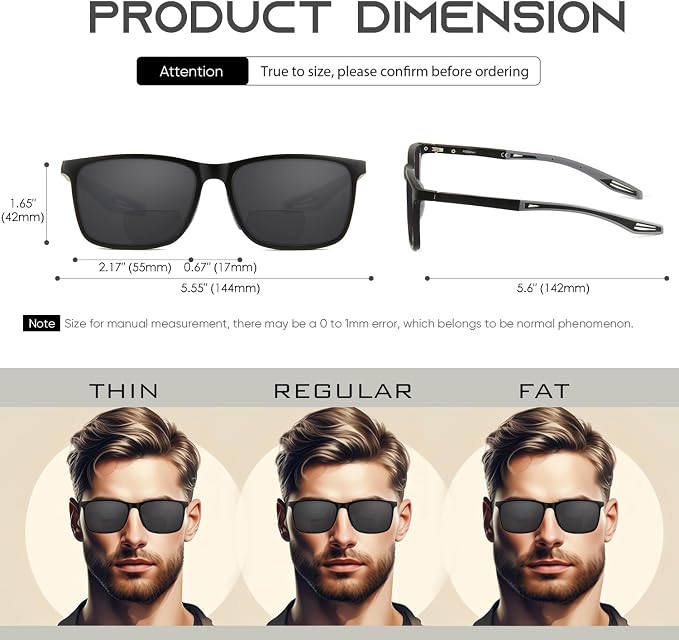 Missfive Premium Bifocal Reading Sunglasses Men Lightweight Sun Readers, UV Protection, TR90 Frame with Metal Spring Hinge Sports/Driving Glasses,1.5x