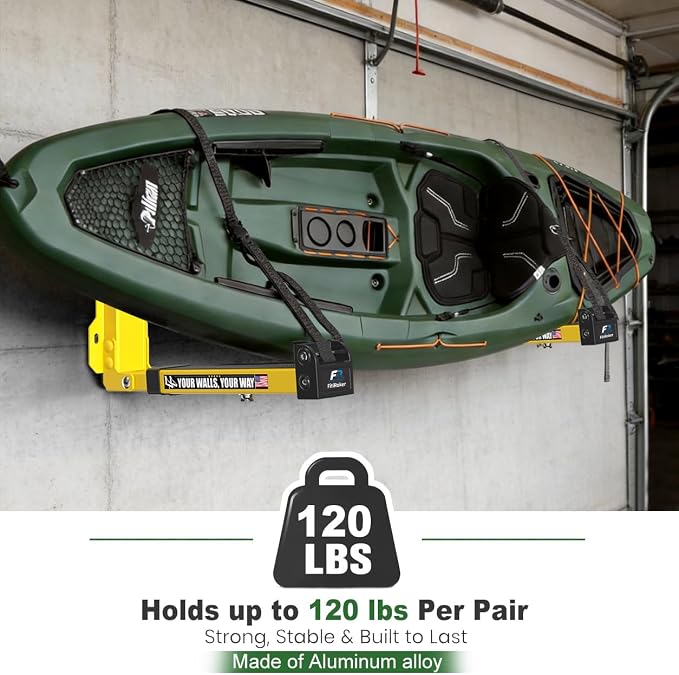 Kayak Storage Hooks Wall Mount Rack, Heavy Duty Garage Storage Hangers with Folding Arms, Adjustable Width, Non-Slip Padding and Secure Strap for Kayak Canoe Paddle Board Surfboard, Indoor Outdoor Use