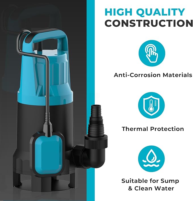 Automatic Water Pump, 2250GPH Sump Pump Submersible Basement Portable Electric Utility Water Pump Removal for Pool Draining Basement Hot Tubs Garden Pool Cover Pond, Light Blue