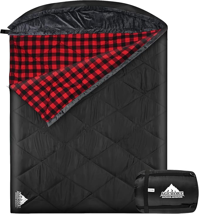 Cotton Flannel Double Sleeping Bag with Fleece Lined Hood, Waterproof Queen Size 2 Person Sleeping Bag for Adults Cold Weather Camping Backpacking or Hiking, 3-4season