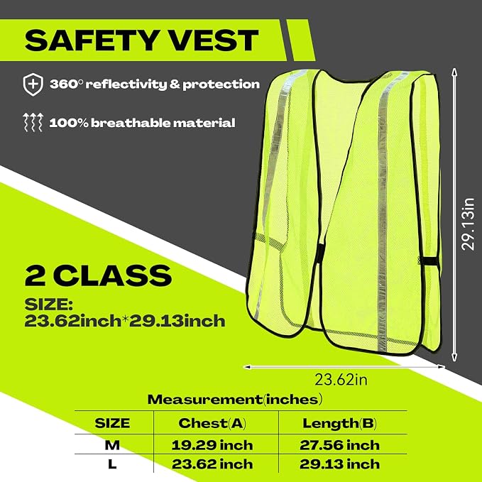 Jecery 20 Packs High Visibility Vest Safety Reflective Hi Visibility Mesh Vest Lightweight Neon Universal Size for Men Work Outdoor (L)
