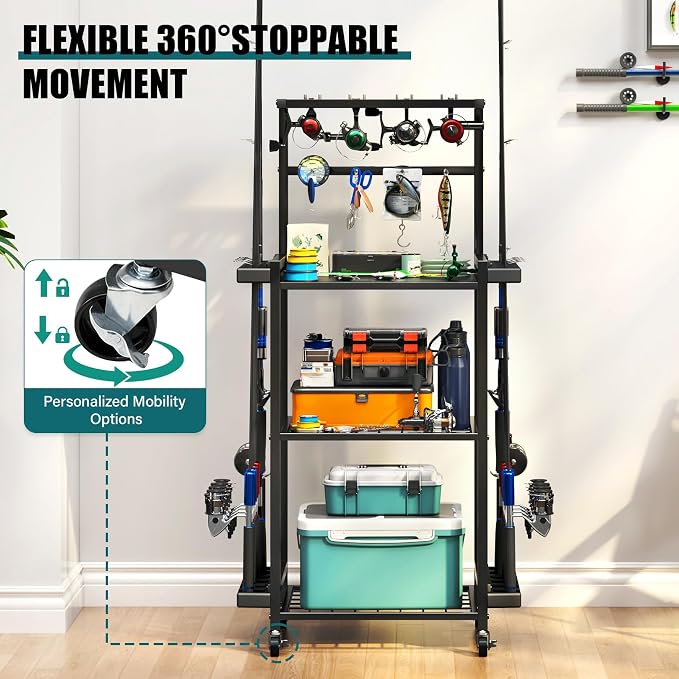 TC-HOMENY 3-Tier Fishing Rod Holder for Garage, Multifunctional Fishing Pole Rack Cart with Wheels Storage up to 12 Rods, Fishing Tackle Gear Organizer Storage rack for Room, Garage, Basement, Black