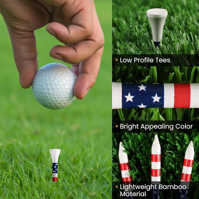 Stylish Golf Tees Wood 2 1/8 Inch Value 500/1000 Pack, USA Flag with Pink White Bright Colors & Striped Design for Consistent Height & High Visibility