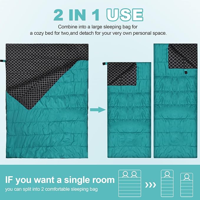 Cotton Flannel Double Sleeping Bag for Camping, Backpacking Or Hiking. Queen Size 2 Person Waterproof Sleeping Bag for Adults Or Teens. Lightweight with Compression Sack