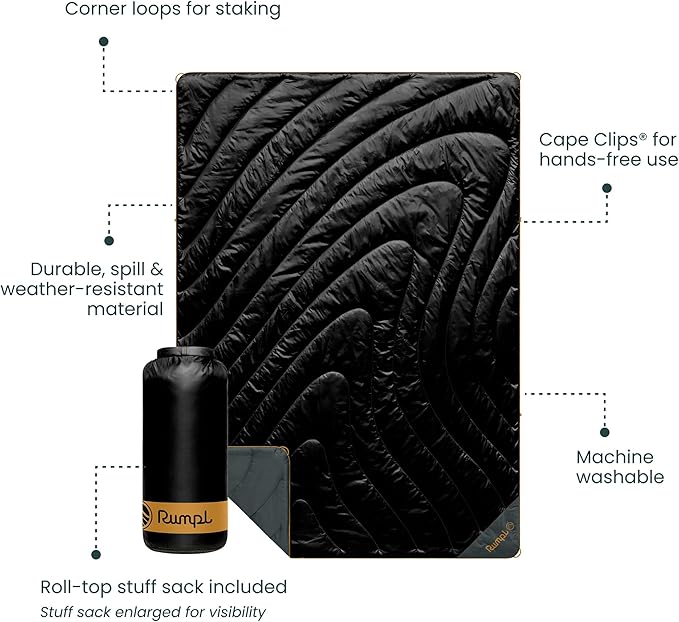 Rumpl Original Puffy 1-Person Blanket for Camping and Outdoors, Black