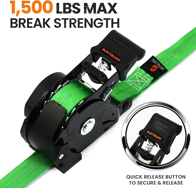 Retractable Ratchet Straps (4 PK), 1" x 12 ft Auto Retract Tie Downs, Automaitc Ratchet Strap, 1500lb Break Strength AutoRetract Self Retracting for Motorcycle, Truck, Cargo, Trailer, ATV, UTV -Green
