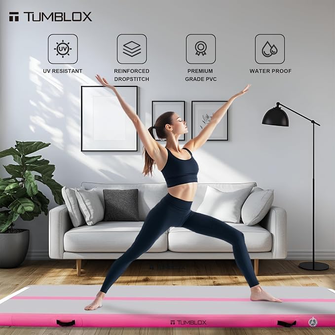 Air Gymnastics Mat Inflatable & Tumbling Mat – 4/8 Inches Thick with Electric Pump + Free Foot Pump – Ideal for Home, Gym, Water, and Beach Use