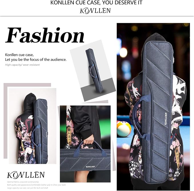 KONLLEN Pool Cue Case 3x4 Oxford Pool Stick Case Holds 3 Butts and 4 Shafts Billiard Sitck Large Capacity Carrying Cases with Multi-Pocket Pool Cue Accessories