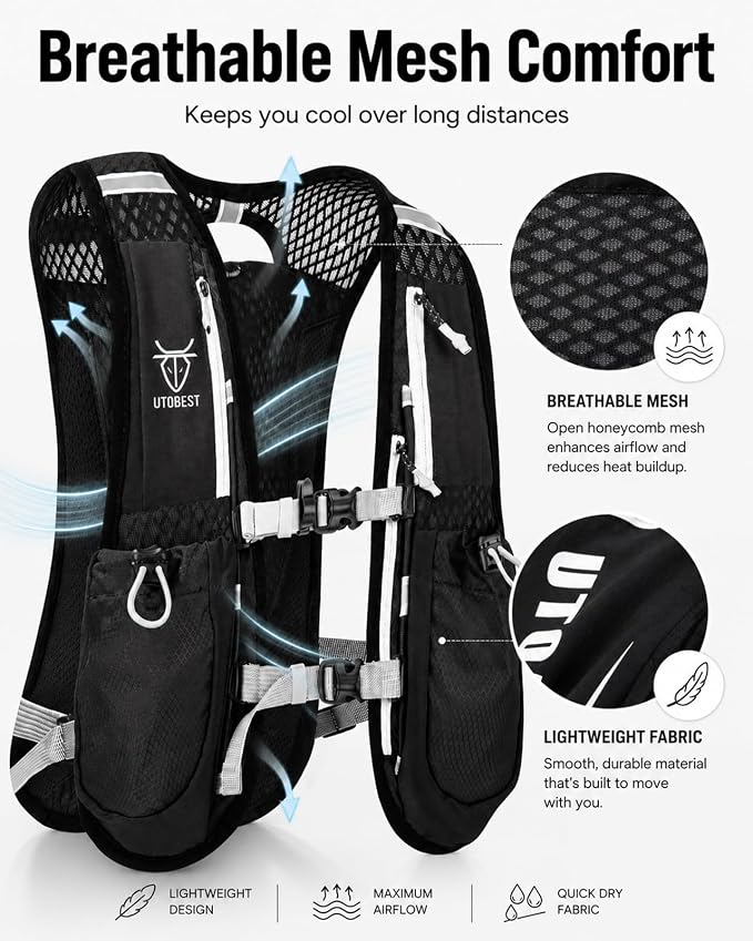 UTOBEST Running Vest, 5L Hydration Vest Lightweight, Breathable and Sweatproof Running Backpack, Adjustable Running Hydration Vest for Trail Running Marathon Race Jogging Cycling