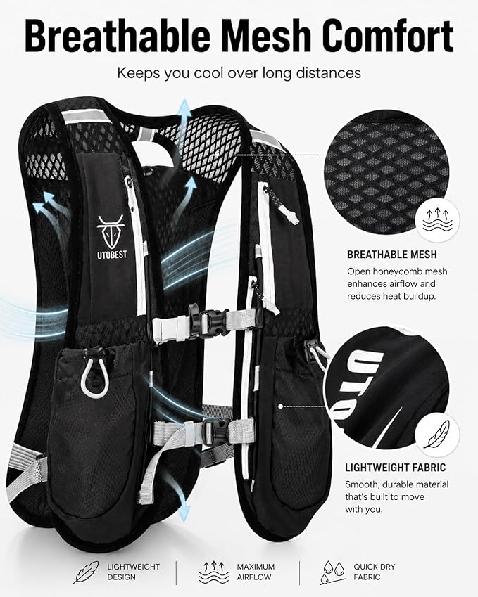 UTOBEST Running Vest, 5L Hydration Vest Lightweight, Breathable and Sweatproof Running Backpack, Adjustable Running Hydration Vest for Trail Running Marathon Race Jogging Cycling