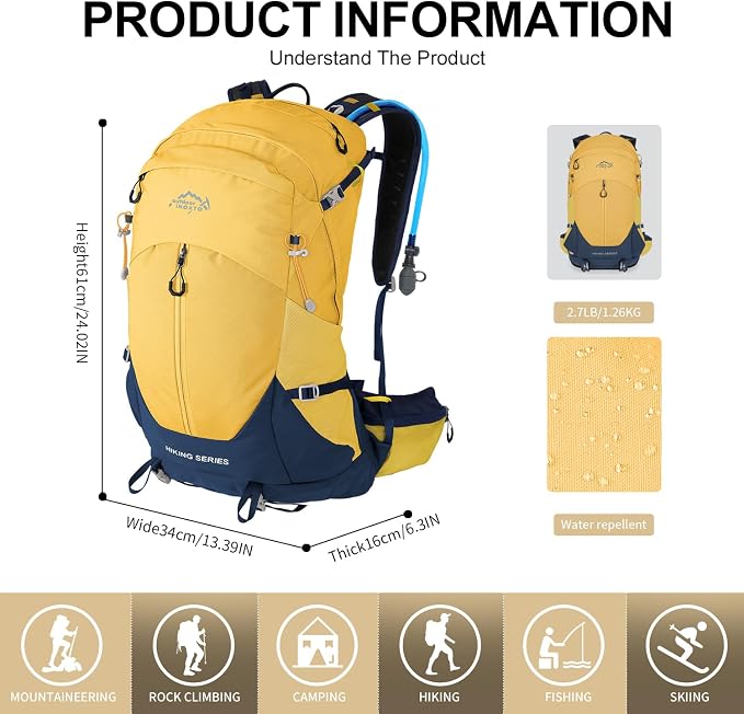 IX INOXTO Hiking Backpack, Camping Backpack, 30L Waterproof Hiking Daypack with 3L Water Bladder and Rain Cover (Yellow)