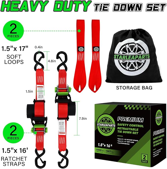 Retractable Ratchet Straps (2pk) -Patented | 1.5 in x 16 ft Heavy Duty Auto Ratchet Straps with Soft Loops | Perfect Automatic Tie Downs for Motorcycle,Kayak and Truck | Break Strength 5,000LBS/2268KG