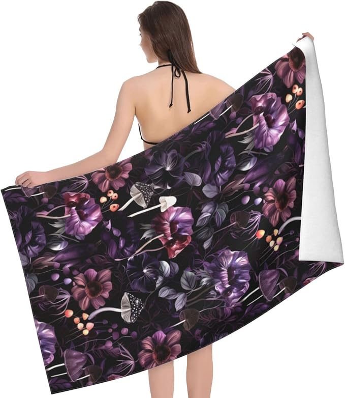 Gothic Dark Botanical Mushroom Beach Towel, 32x52in Microfiber Quick Dry Floral and Fungi Goth Bath Towels, Soft Lightweight Oversized Sand Free, for Travel Pool Swimming Gym Decor, Gifts