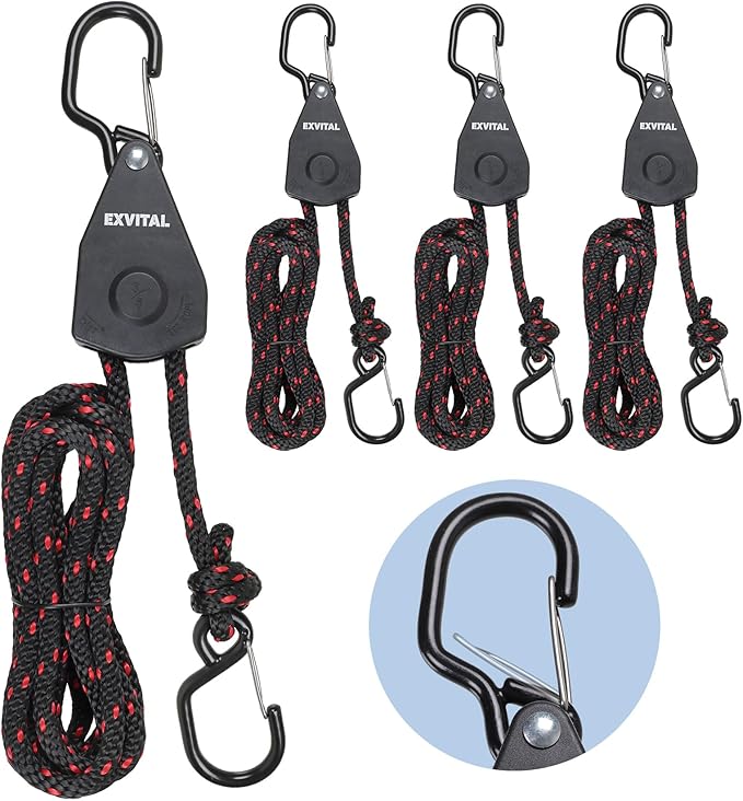 4PCS Kayak Rope Tie Down Ratchet Straps 3/8" ×12' Bow and Stern Tie Down Kayak with Safety S Hook Heavy Duty Ratchet Rope Kayaks and Canoe Accessories Black
