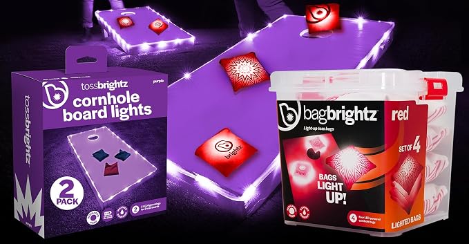 Brightz Cornhole Board Edge Lights with LED Bags - Includes 4-Pack of LED Cornhole Bags + TossBrightz Cornhole Board Edge Lights - The Ultimate Night Time Cornhole Master Set