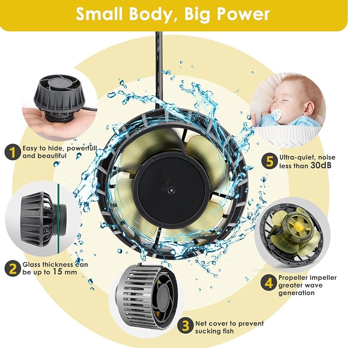 hygger 2114 GPH Aquarium Inverter Wavemaker Pump with LED Controller, DC 24V 10W Ultra-quiet Submersible Power Head with Magnetic Base, Circulation Pump for 30-75 Gal Freshwater Saltwater Tank