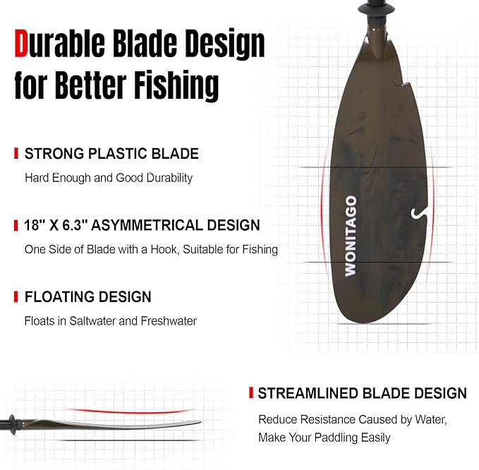 Angler Kayak Paddles Aluminum Paddle with Plastic Blades and Paddle Leash, Floating Adjustable Fishing Kayak Oars, 3 Piece, 230-250cm/90-98 inch