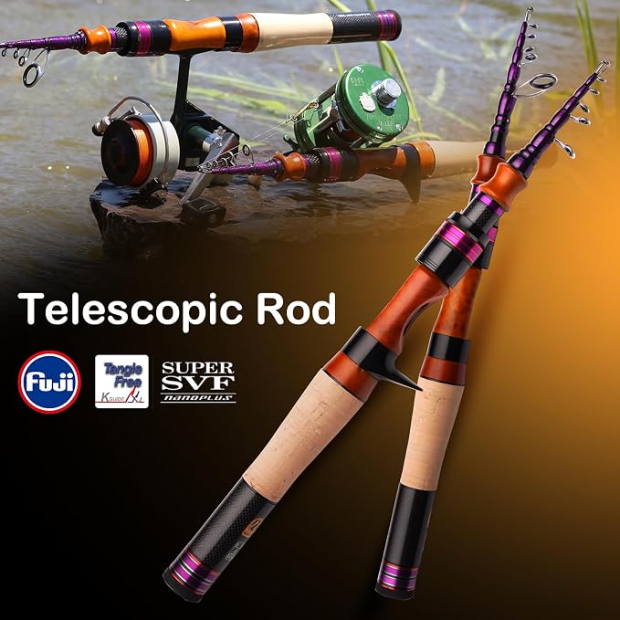 PURELURE Telescopic Fishing Rod Spinning & Casting Travel Rod Ultralight 5' | Fuji Alconite Ring, Detachable Handle Closed Length 9.8in, Spare Carbon Solid Tip, Solid Wood Reel Seat, Cork Handle