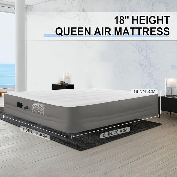 Queen Size Air Mattress with Built in Pump, 18'' Raised Blow Up Bed Inflatable Mattress for Camping & Travel, 3-Minute Quick Inflation/Deflation,Thick Velvet Texture Waterproof,18'' Grey