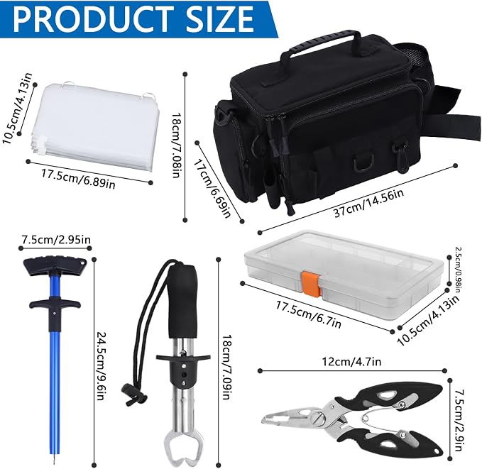 Fishing Tackle Bags with Tackle Box,Waterproof,Padded Shoulder Strap,Gear Storage,Fish Bag with 136 Pcs Fishing Lures Kit,Fish Hook Remover Tool,Fish Lip Gripper,Fishing Plier,Gifts for Men (Black)