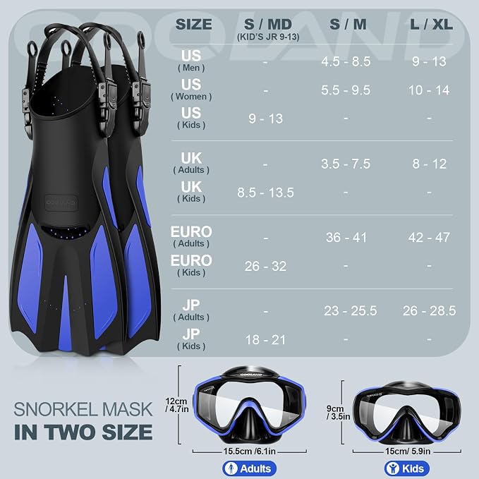 Odoland Snorkel Set, Adults Snorkeling Packages with Dry Top Diving Mask, Adjustable Swim Fins, Mesh Bag, Anti-Fog Anti-Leak Snorkeling Gear for Men Women