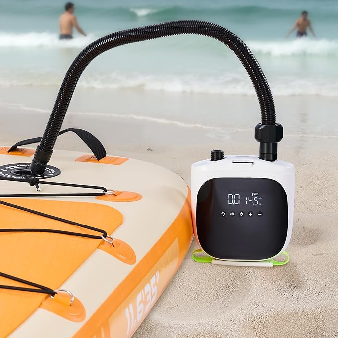 20PSI Paddle Board Pump, Rechargeable Battery-Powered, Dual Stage Electric SUP Air Pump with Auto-Off and Deflation Function, Ideal for Inflatable Paddle Board, Tent and Mattress