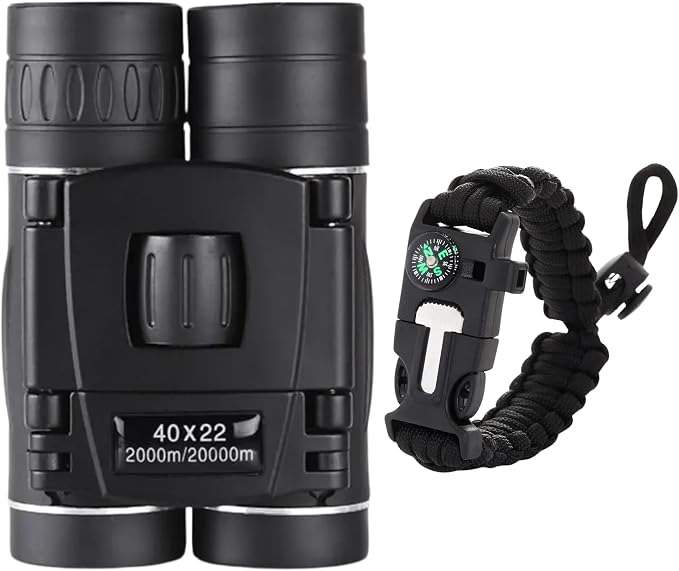 Binoculars with Compass 7 in 1 Survival Paracord Bracelet, Fire Starter, Compass, Whistle, Outdoor Ultimate Tactical Gift for Kids, Men, Scouts Gift for Him/Her, Spyglass, Birthday Gift