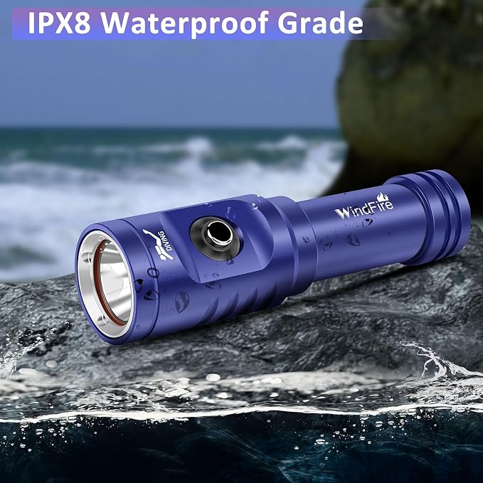 WINDFIRE TS08 Scuba Diving Flashlight, Super Bright Dive Light Rechargeable, 3 Modes Underwater Flashlight, 192 ft Depth IP68 Waterproof Aluminum Torch for Snorkeling, Caving (Blue)