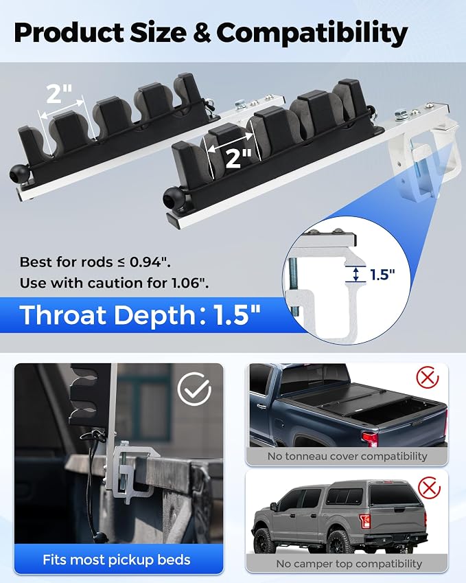 Aluminum Fishing Rod Holder for Truck Bed Holds 4 Fishing Rods, Truck Bed Fishing Rod Holder for Pickup, Gift for Truck Owners, Fishing, Outdoors, Dad, Family