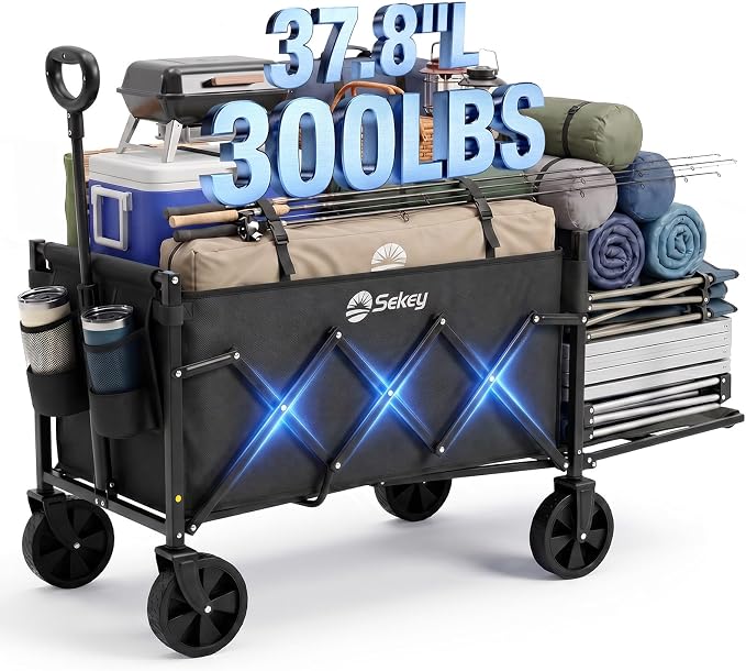 Sekey Collapsible Wagon Cart with Drop-Down Tailgate, 300 lb Capacity
