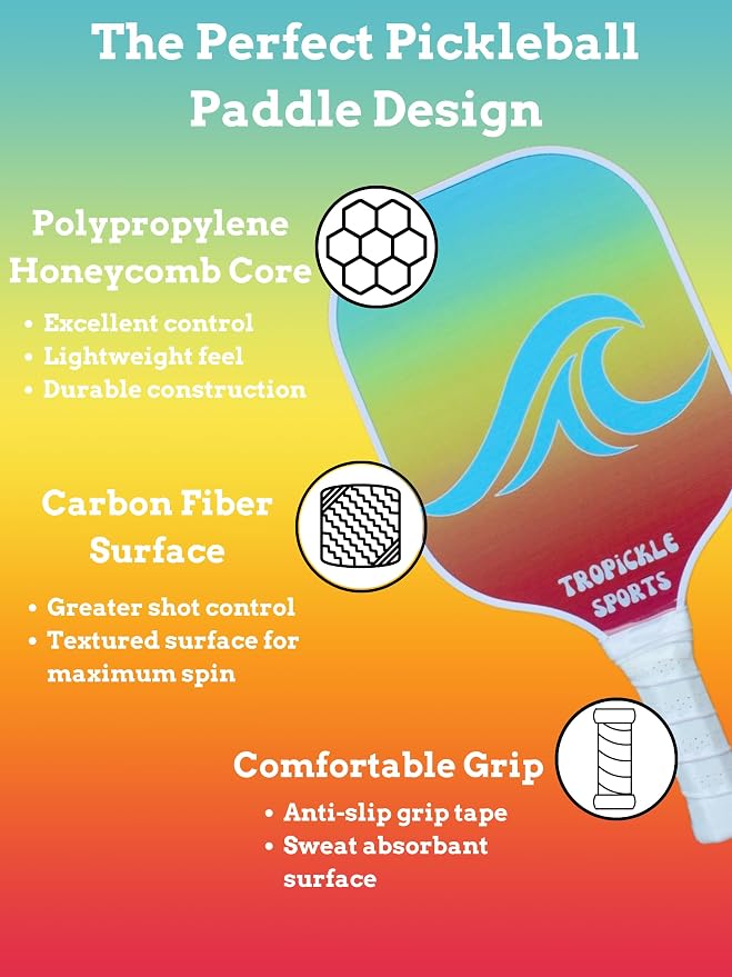 Tropical Pickleball Paddle Set - High Performance Lightweight and Durable Paddle Set of 2 with Carrying Case - 4 Pickleballs - Carbon Fiber Surface with Polypropylene Honeycomb Core