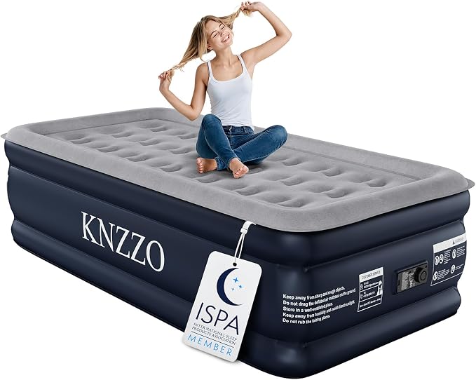 KNZZO Twin Air Mattress with Built-in Pump, 18" Top Inflatable Mattress with Waterproof Flocking Fabric, Three-Minute Quick-Inflatable Bed. Portable Blow Up Mattress for Home, Outdoor and Guests